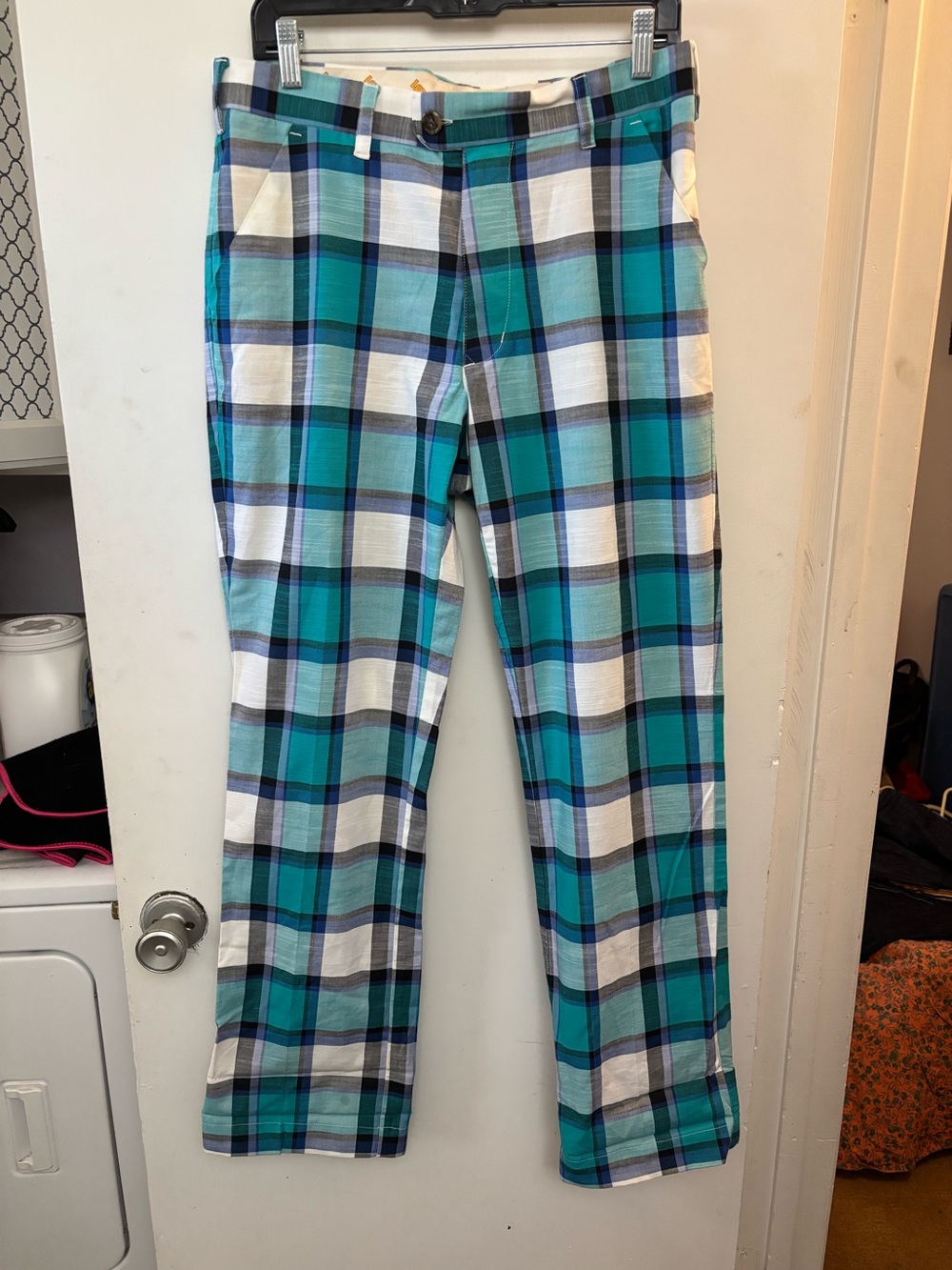 Loud Mouth Fairway Heritage Turquoise Blue White Plaid Golf Pants 32 Loudmouth
